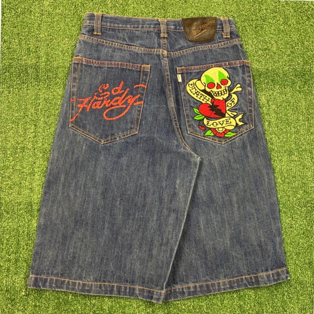 Y2K 2000's Ed Hardy "Death of Love" Embroidered Baggy Denim Shorts